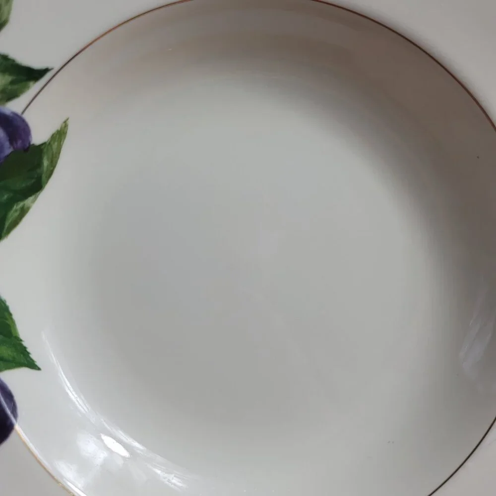 TWO Mikasa Plum L3132 Court Rim Soup Bowls White with Purple Plums Green Leaves
